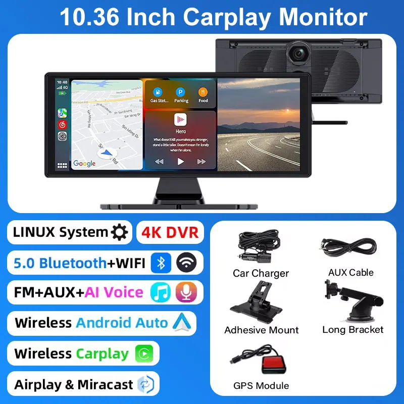 (gps) Câmera De Painel Inteligente Para Veículo, Câmera De Ré 4k Sem Fio Carplay De 10,33 Polegadas