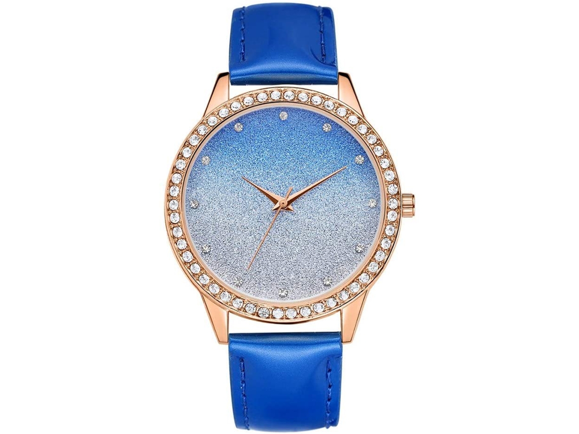 Relógio de Pulso Analógico de Quartzo Gaiety com Strass e Pulseira de Pu Azul