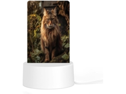 Luminária noturna de acrílico com plugue e base de plástico reciclado, com o desenho de um gato sentado em um arbusto.