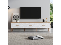 Painel de TV vintage BTFORUS, móvel para TV em madeira clara com portas brancas e acabamento em velcro (150x35x39 cm)