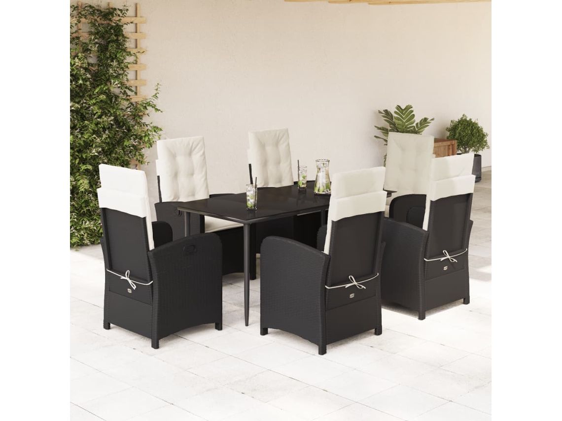 Vidaxl 7 Pcs Conjunto De Jantar P/ Jardim C/ Almofadões Vime Pe Preto