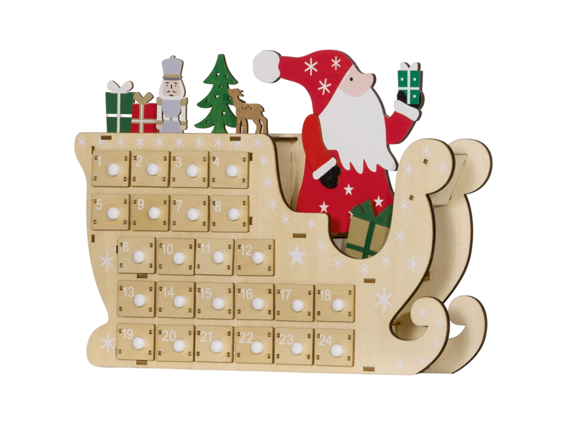 Calendário Do Advento De Madeira Com 24 Gavetas Decorado Com Pai Natal No Trenó De 22,5x8x36 Cm