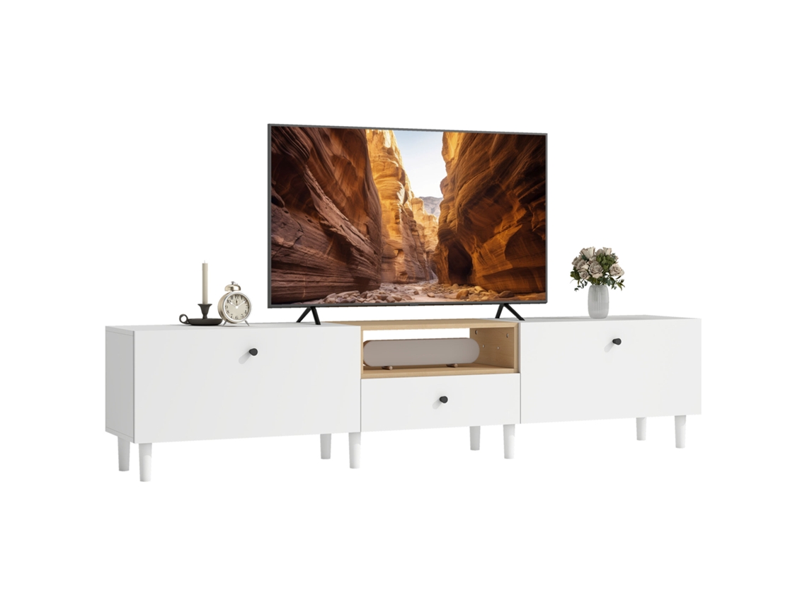 Cômoda De Tv 200 Cm, Para Tvs Até 90 Polegadas, 2 Compartimentos De Aba, Aberto, Gaveta, 8 Pernas, Placa, Branco, Envio Rápido