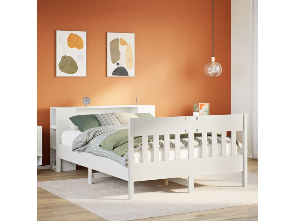 Vidaxl Cama Com Estante Sem Colchão 140x190 Cm Pinho Maciço Branco