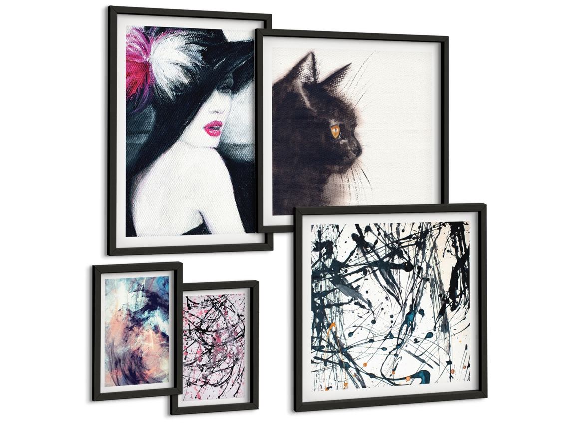 Conjunto De Pinturas Floresta De Inverno, Água Com Flores Azuis Moldura Preta Quadros Para O Escritório Espelharte (conjunto De 5 Imagens)
