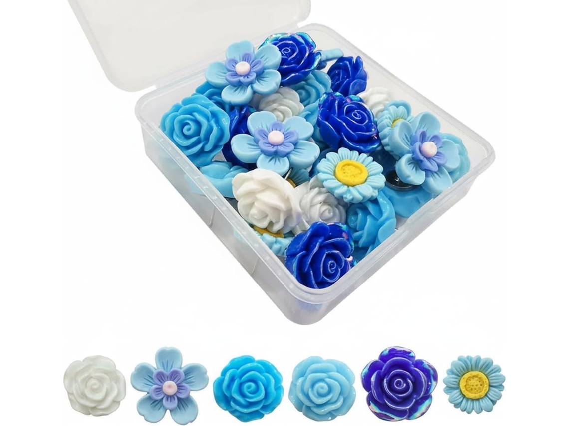 Conjunto de 30 Tachinhas Decorativas em Resina no Formato Borboleta e Flor, Ideais para Papel de Carta, com Prático Suporte de Papel.