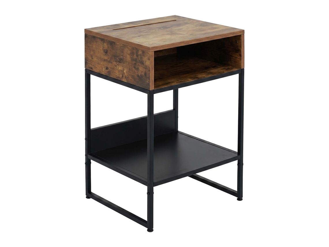 Mesa De Cabeceira Relaxdays, 2 Nichos, Suporte P/ Telemóvel/tablet, 40x40x30 Cm, Estilo Industrial, Preto/castanho