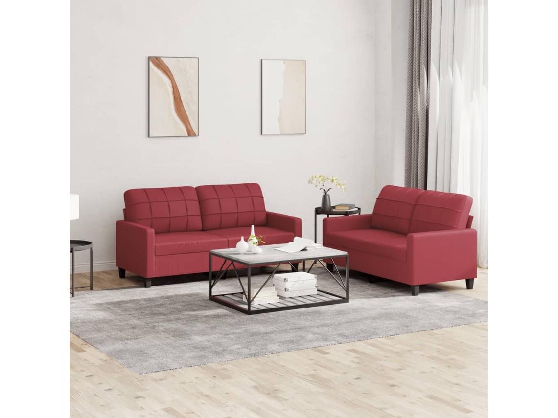Vidaxl 2 Pcs Conjunto Sofás C/ Almofadões Couro Artif. Vermelho Tinto