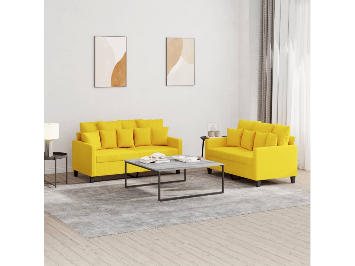 Vidaxl 2 Pcs Conjunto De Sofás Com Almofadões Tecido Amarelo-claro