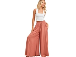 Calça feminina casual Rebe com cintura elástica e bolsos, perna larga, tamanho P, laranja.