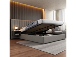 Cama Box Casal 180x200 Cm Cinza Preto Linho Com 2 Mesas De Cabeceira, Baú, Ripas De Madeira