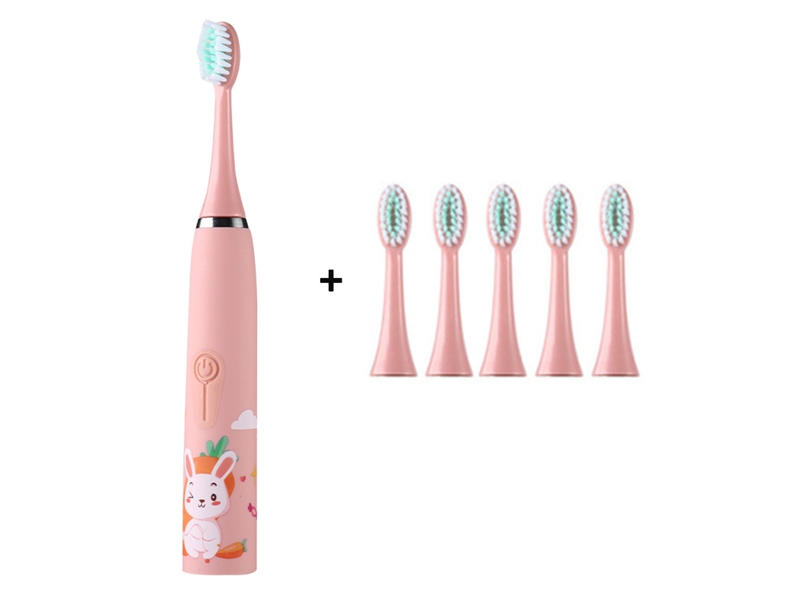 Escova De Dentes Elétrica Infantil Rosa Usb Recarregável, 5 Modos, 5 Cabeças, Desenho Coelho