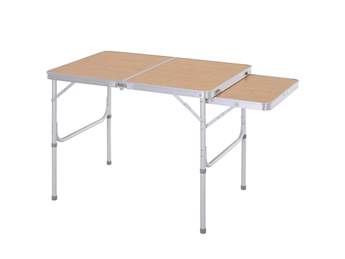 Mesa de acampamento e jardim, dobrável, alumínio e MDF, imitação de bambu, com extensão
