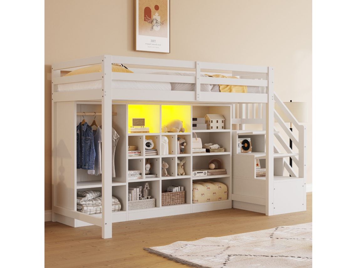 Cama Alta 90 X 200 Cm com Armários de Arrumação, Várias Prateleiras, Roupeiro, Iluminação Led e Escada Lateral com Arrumação Integrada Branco NOVELA