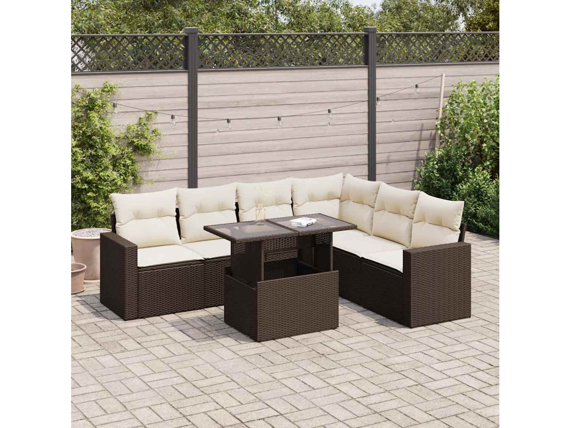 Vidaxl 7 Pcs Conjunto De Sofás Jardim C/ Almofadões Vime Pe Castanho