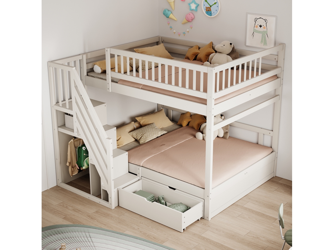 Cama De Madeira Maciça 140x200cm Branca Com Grade Segurança Gavetas