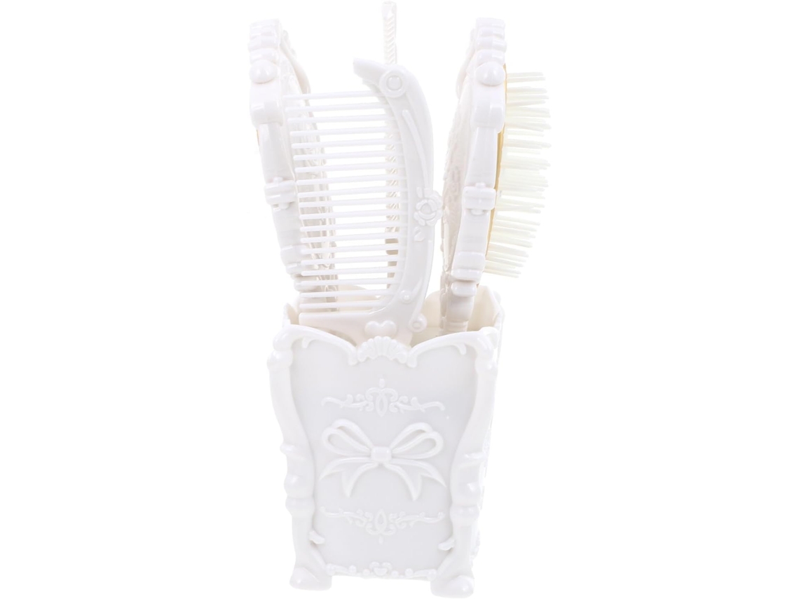 Conjunto de 5 escovas de cabelo de plástico branco com espelho.