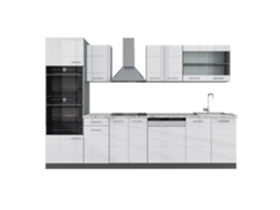 Cozinha R-Line, 300 cm com armário alto, Mármore PT, Branco brilhante/Antracite, Vicco