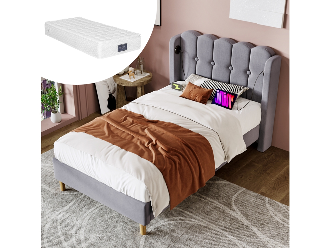 Cama Solteiro 90x200cm Cinza Com Colchão E Carregamento Usb-c