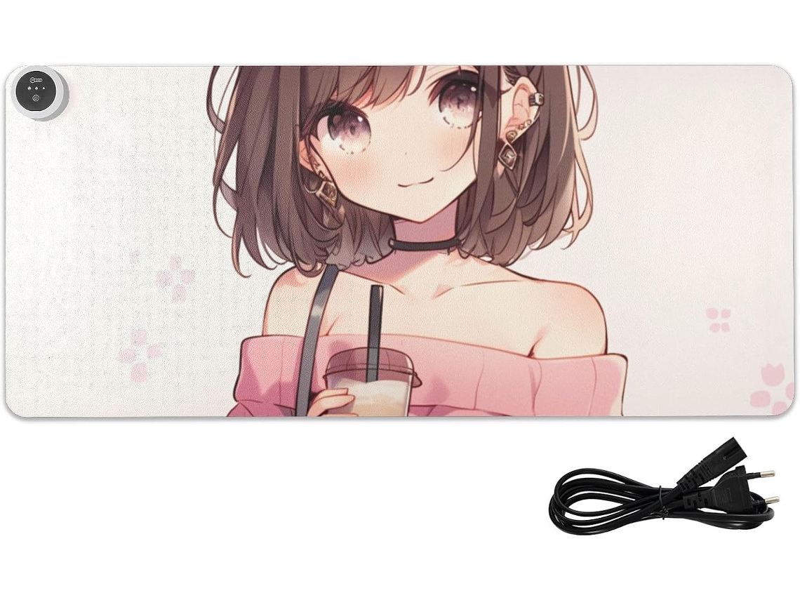 Mousepad Aquecido em Couro com Estampa de Garota Japonesa, 80 X 33 Cm, Antiderrapante, Ideal para Uso Mesa com