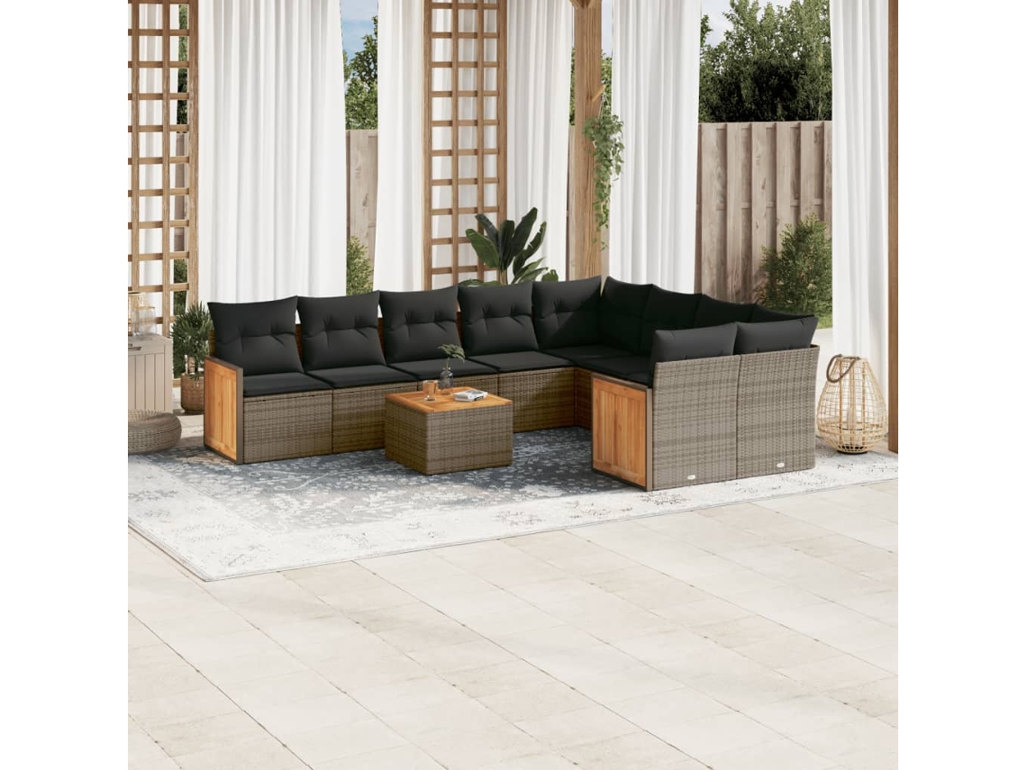Vidaxl 10 Pcs Conjunto Sofás De Jardim C/ Almofadões Vime Pe Cinzento