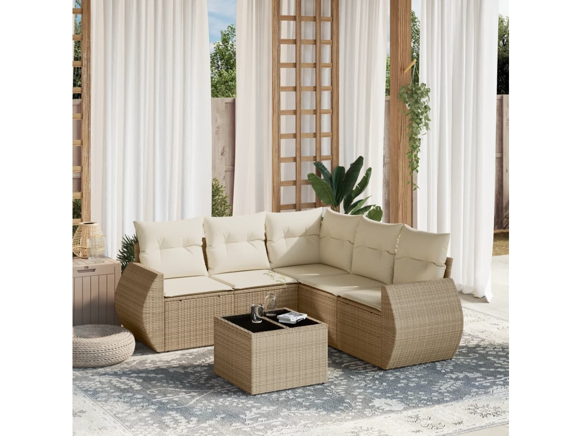 Vidaxl 6 Pcs Conjunto De Sofás P/ Jardim Com Almofadões Vime Pe Bege