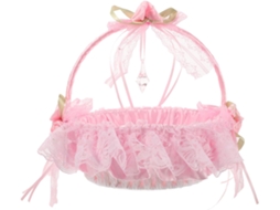 Cestinho De Bambu Pequeno Com Alça, Renda Rosa Para Casamento.