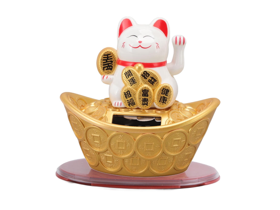Ornamento Gato Da Sorte Energia Solar Branco Com Caracteres Chineses