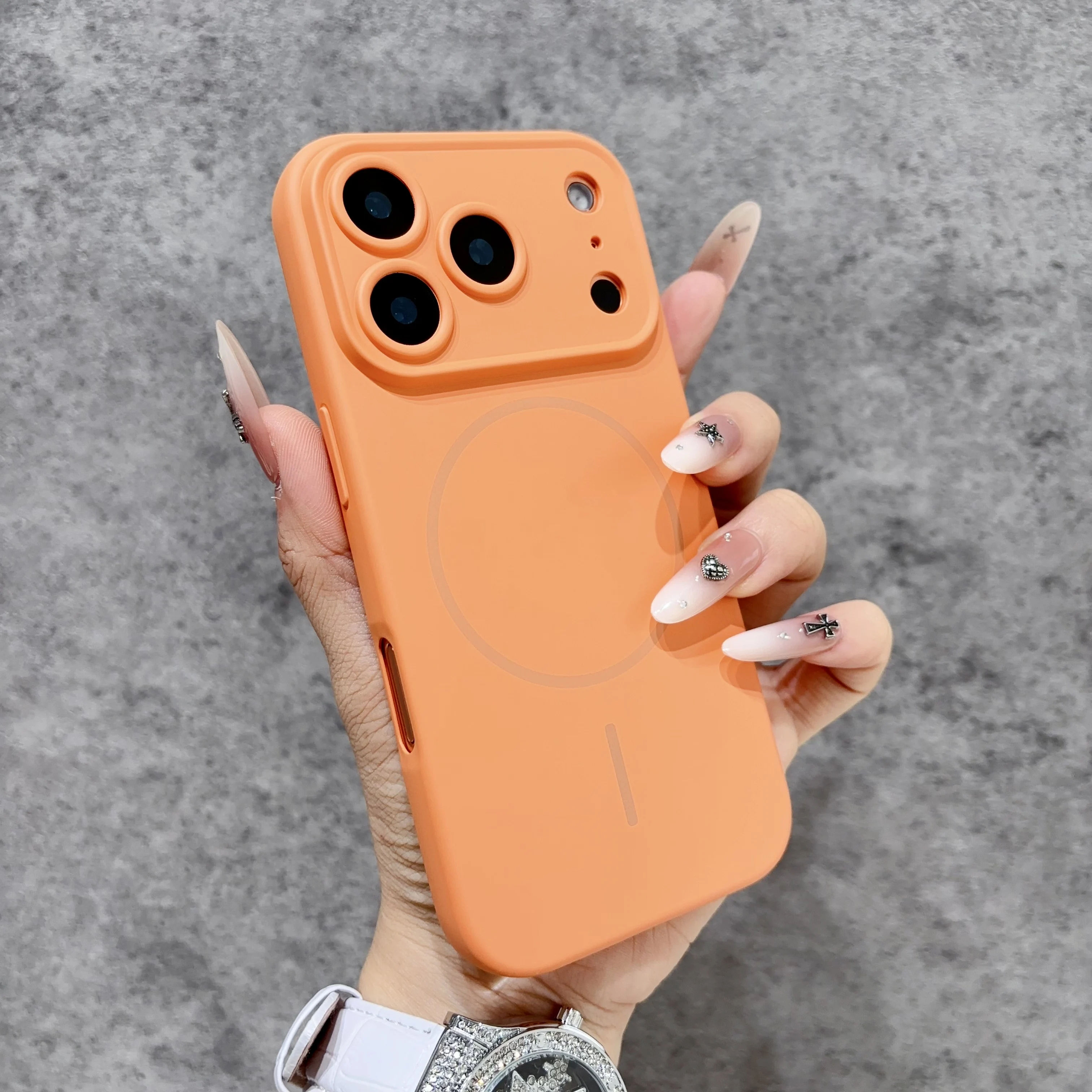 Capa Protetora Magnética Para Carregamento Sem Fio (iphone 15 Pro Laranja) Com Tampa Para Lente.