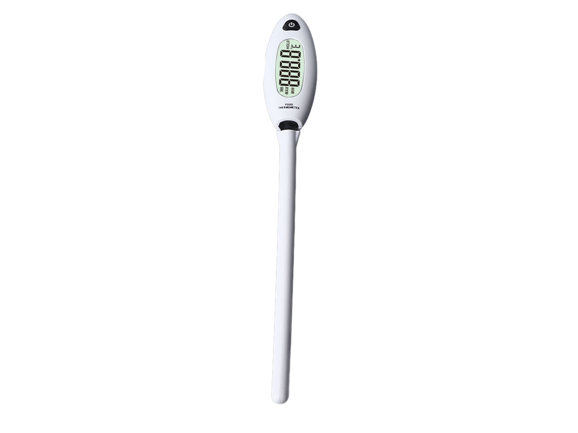 Termômetro digital de cozinha com sonda de aço inoxidável para carnes e assados.