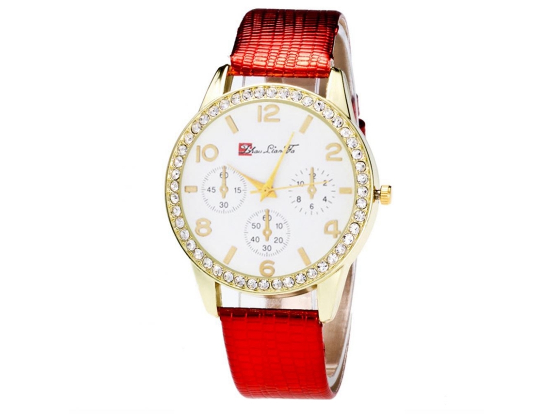 Reloj Analógico De Cuarzo Con Correa De Pu Y Piedras Strass Para Mujer Y Hombre (rojo)