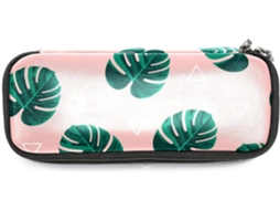 Caixa organizadora grande com estampa de folhas tropicais rosa para lápis e marcadores, ideal para a escola e para a mesa de trabalho.