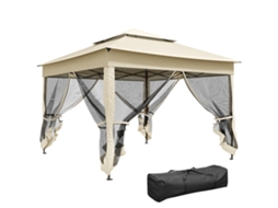 Gazebo De Jardim Pop-up 3x3m Em Poliéster Impermeável Anti-uv, Com Mosquiteiro, Saco, Creme