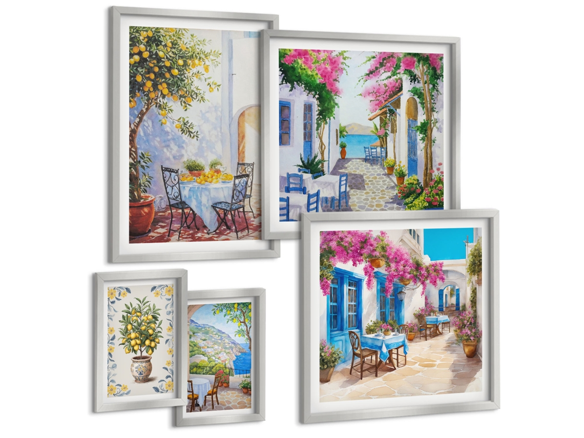 Composição De Quadros Montanhas, Céu Rosa, Água, Suculenta Moldura Prateada Quadros Para A Sala De Estar Espelharte (conjunto De 5 Imagens)