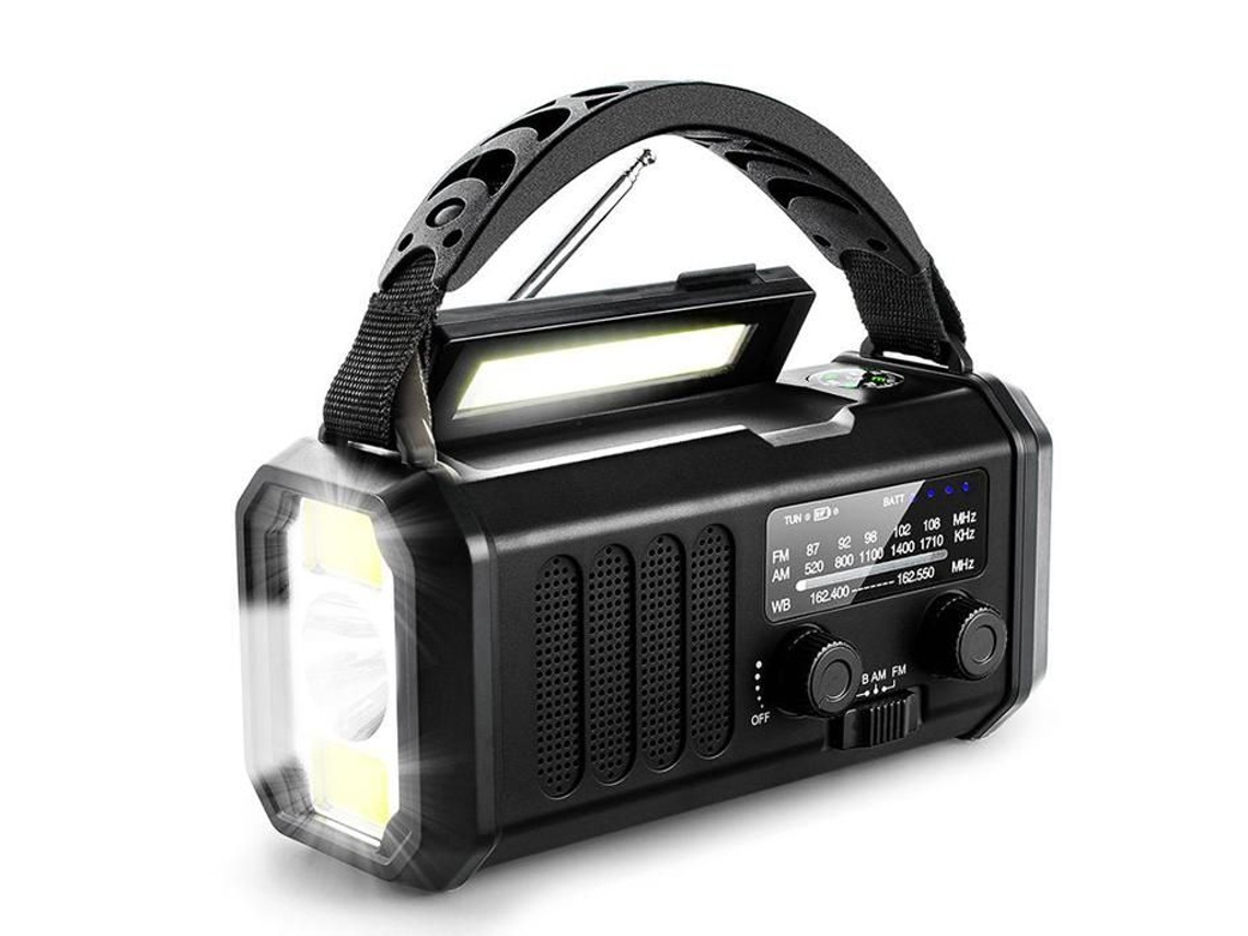 Rádio Portátil AM/FM, Multifuncional, Bateria 10000mah, Solar, Manivela, Lanterna AQUAFORGE