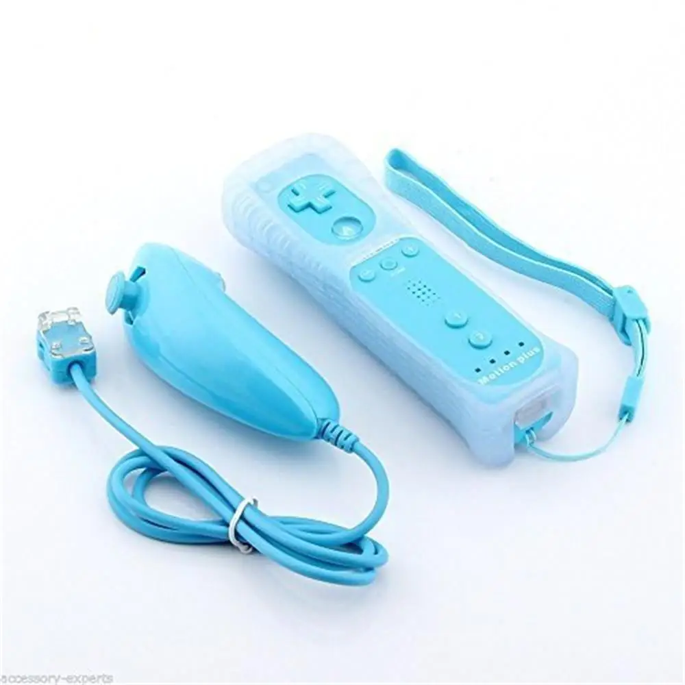 Controle compatível com Wii e Wii U, com Motion Plus integrado, capa de silicone e pulseira, Wu001, azul claro