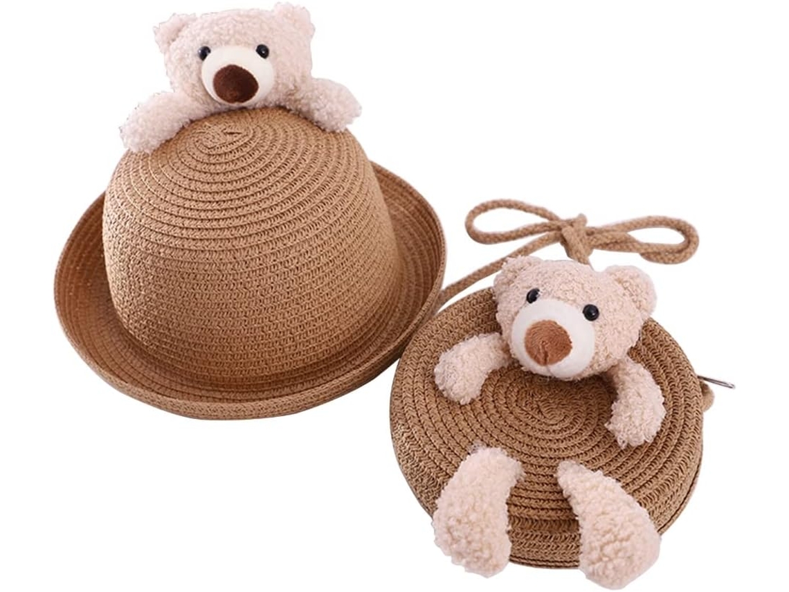 Palm Chapéu Trançada À Mão Com Bolsa, Sun Chapéu Para Férias Com Bolsa De Ombro Em Formato Urso