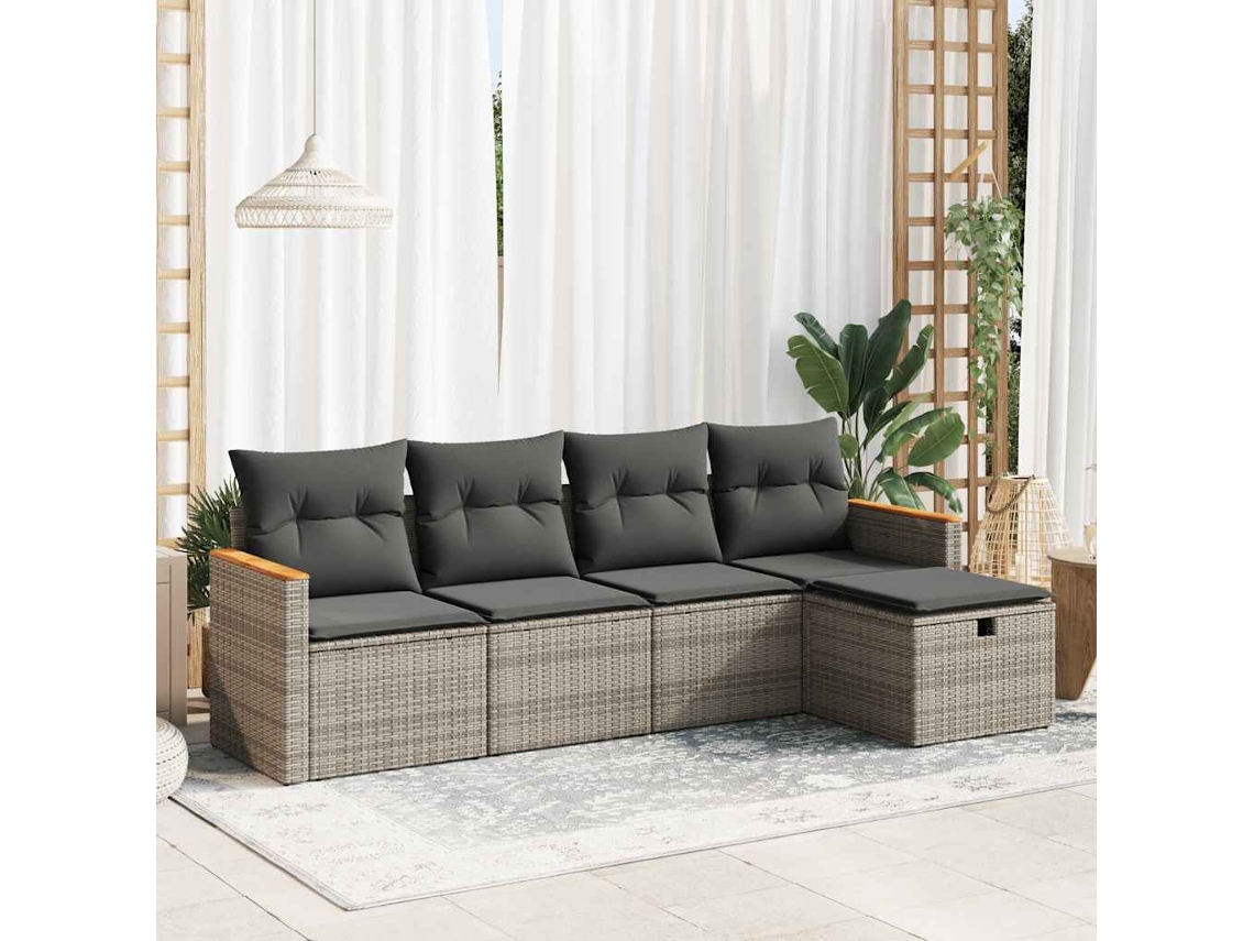 Vidaxl 5 Pcs Conjunto Sofás De Jardim C/ Almofadões Vime Pe Cinzento
