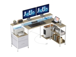 Mesa de canto com tomadas e luzes LED RGB, escrivaninha para computador 172x100cm, suporte para monitor, 2 gavetas, branca BTFORUS
