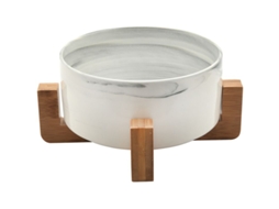 Tigela de Cerâmica Marmorizada para Cães e Gatos com Suporte de Madeira e Proteção Contra Derramamento de Ração AQUAFORGE