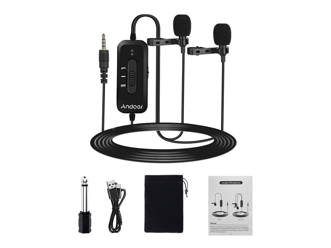 2026 andoer Ad m2 Pro Micrófono Lavalier Omnidireccional com 2 Microfones, Conector 3.5mm e Adaptador 6.5mm para Telefones e Câmeras
