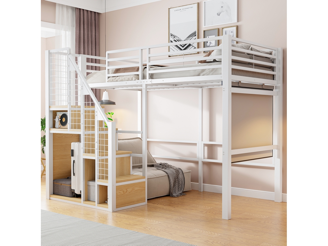 Cama De Ferro Alta 90x200 Com Barra De Segurança E Prateleira Branca