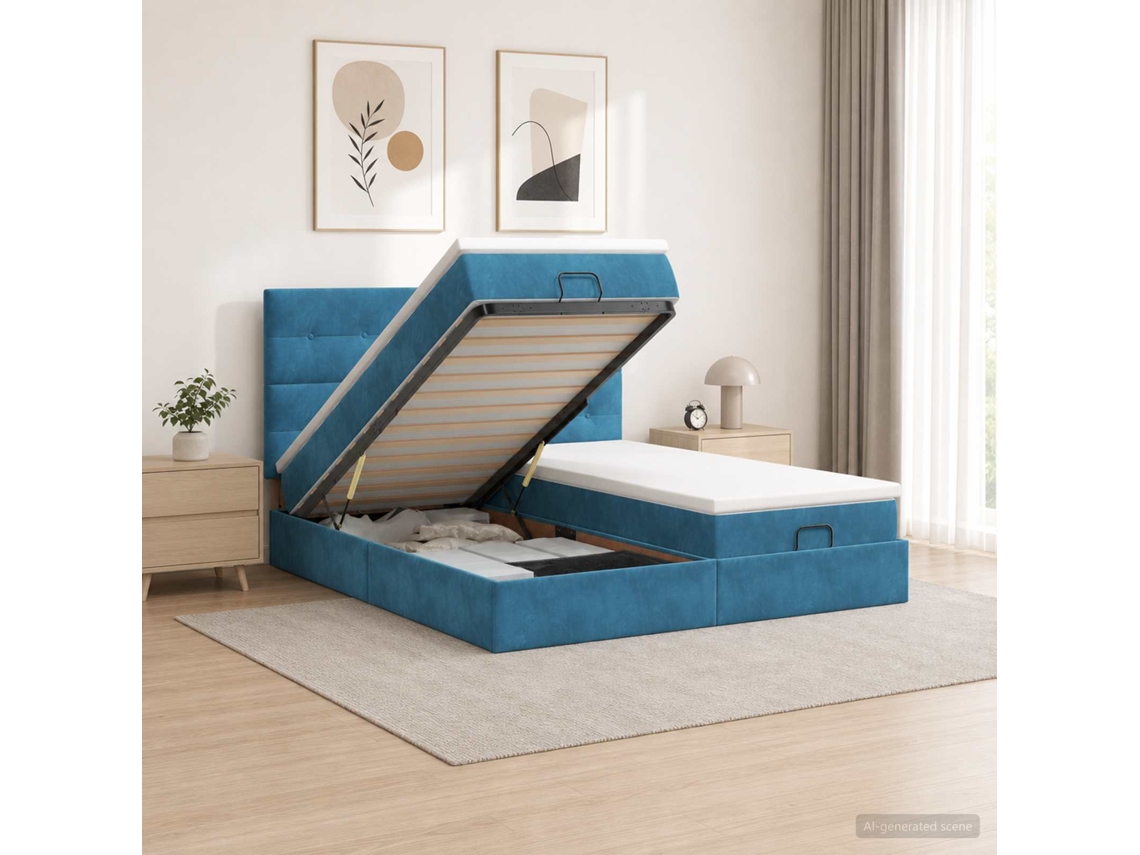 Vidaxl Cama Ottoman Com Colchão 2 Unid. Azul Escuro Veludo