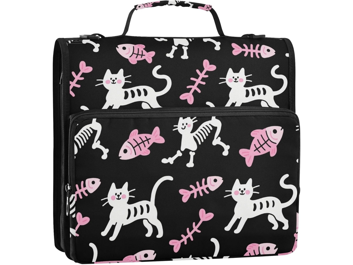 Organizador de Mesa com 3 Argolas 3,8 Cm em Formato Gato Esqueleto Desenho Animado, Alça Ombro e Mão. Fácil Tr