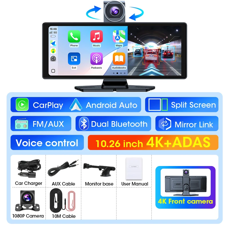 Câmera Veicular Dupla De 10,26 Polegadas Com Carplay Sem Fio 4k