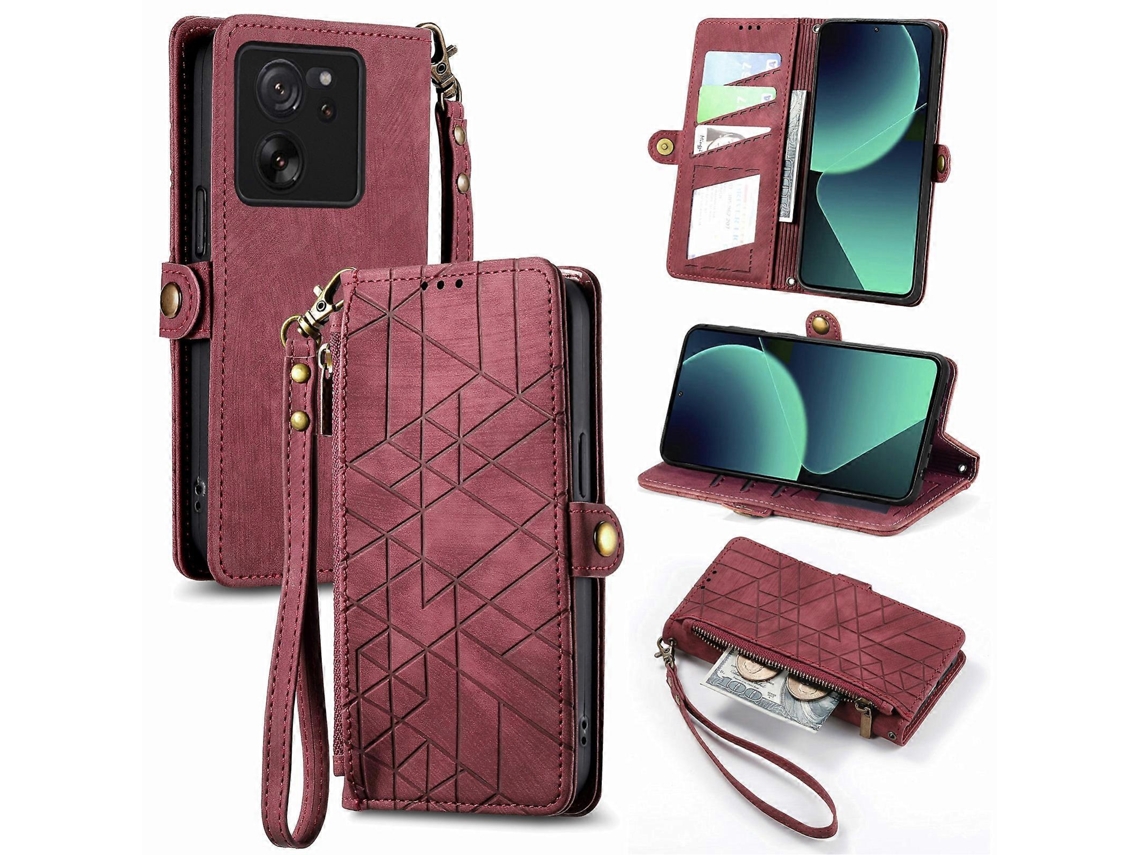 Capa De Celular Geométrica Com Zíper E Fivela Lateral Em Couro Para Xiaomi Redmi Note 13 Pro+