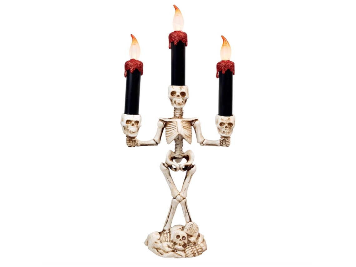Castiçal Em Forma De Caveira De 37 Cm (14,5 Polegadas) Com Vela Eletrônica Led Que Simula Chama, Ideal Para O Halloween.