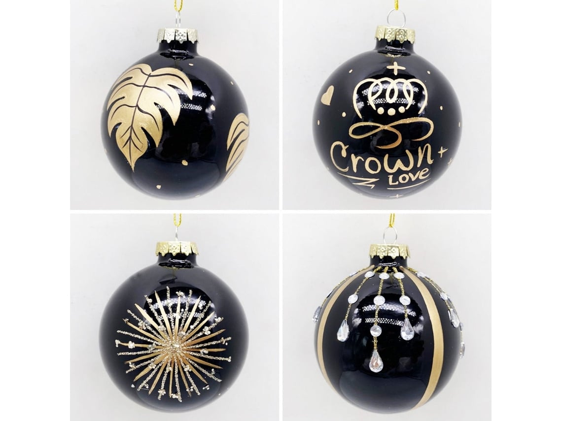 Conjunto de 4 bolas de Natal prateadas 8 cm de desenho de bolas de enfeites  de árvore de Natal pretas