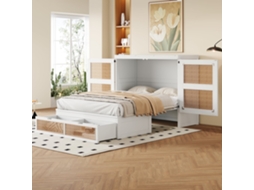 Cama retrátil 140x200cm, Murphy, com gavetas, design palha, madeira, prática, branca, KOMHTOM