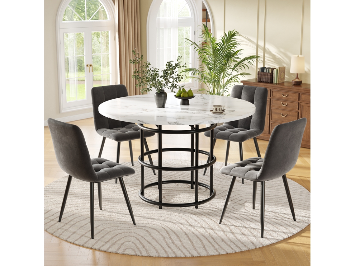 Conjunto Jantar 5p, Mesa Redonda 100cm + 4 Cadeiras Veludo Cinza.-qq